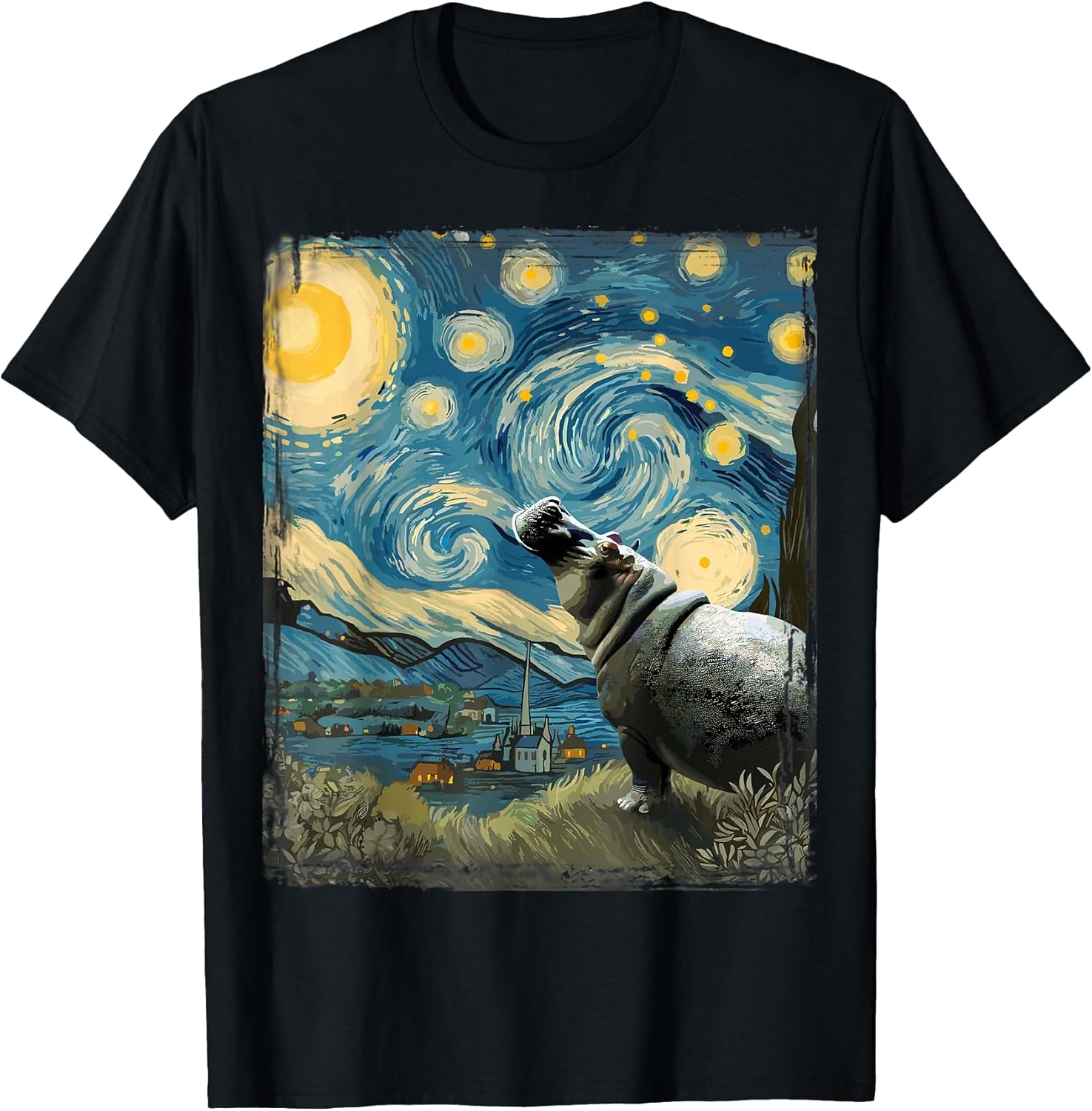 Hippo Starry Night Art Parody Funny Surreal Hippopotamus T-Shirt
