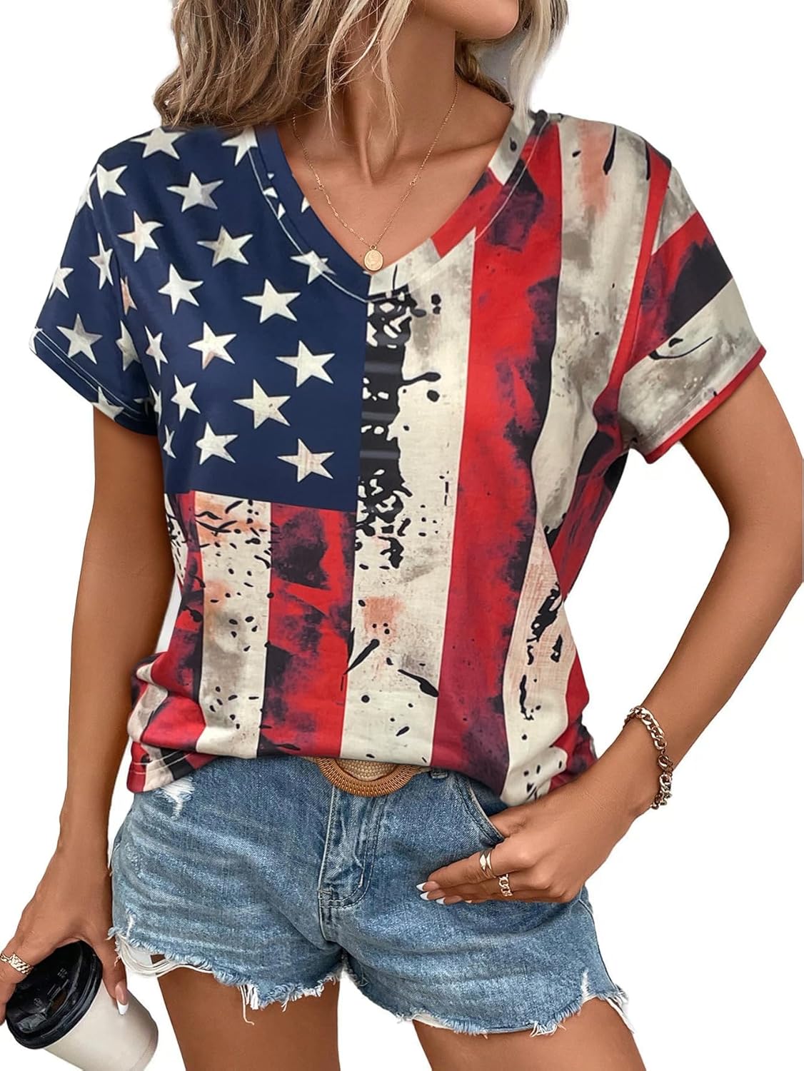 4th of July Shirts Women V Neck Patriotic T Shirt All Over American Flag Print USA Stars and Stripes Tees