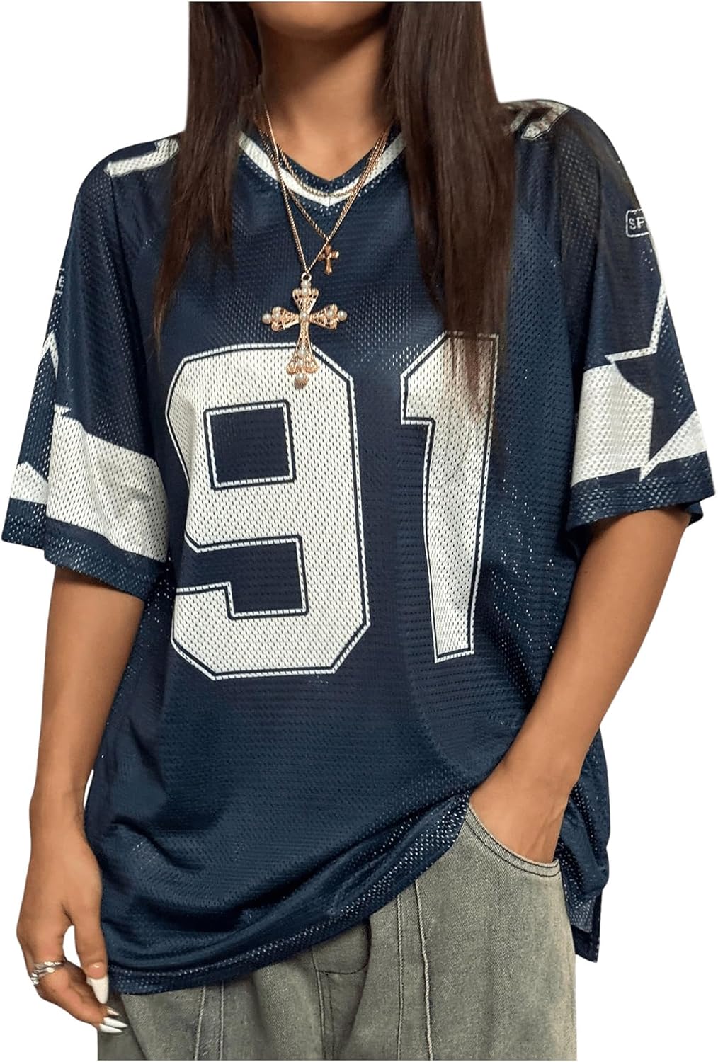 Women's Graphic Football Jersey Top V Neck Short Sleeve Loose T Shirt Streetwear