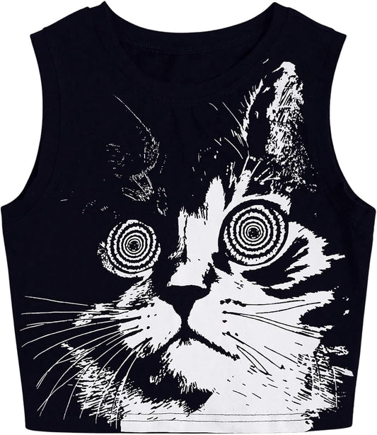 Women's Punk Animal Print Sleeveless Shirts Crew Neck Cute Crop Tank Top