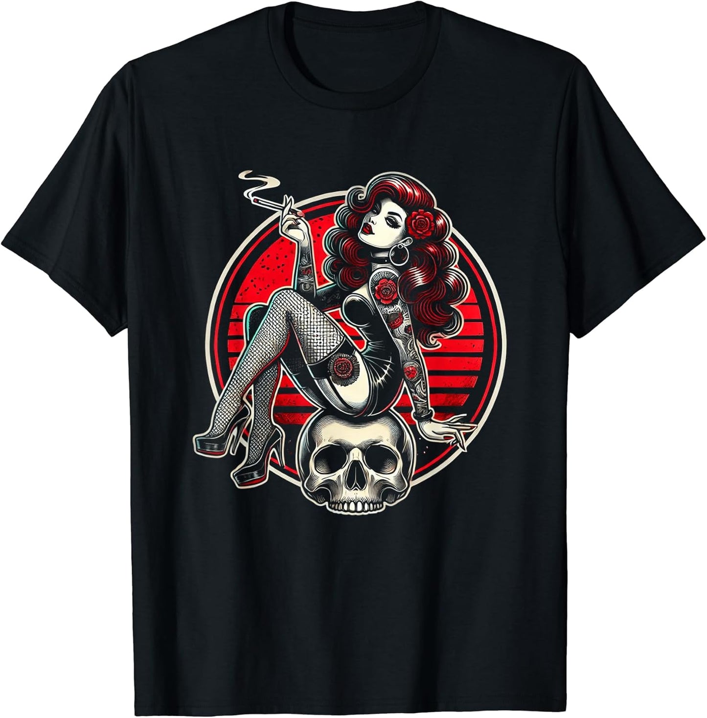 Tattoo Goth Pin-up Girl with Skull Vintage Horror Rockabilly T-Shirt