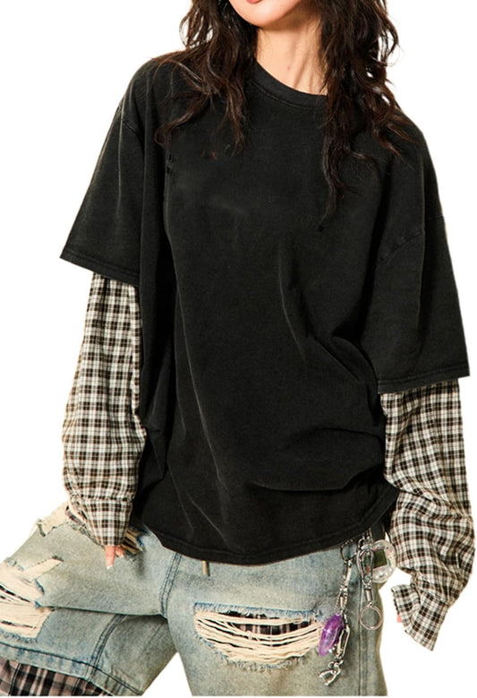 Harajuku Oversized Striped Shirts Y2K Grunge Clothes Crew Neck Emo Scene Clothes Streetwear Baggy Shirt Pullover