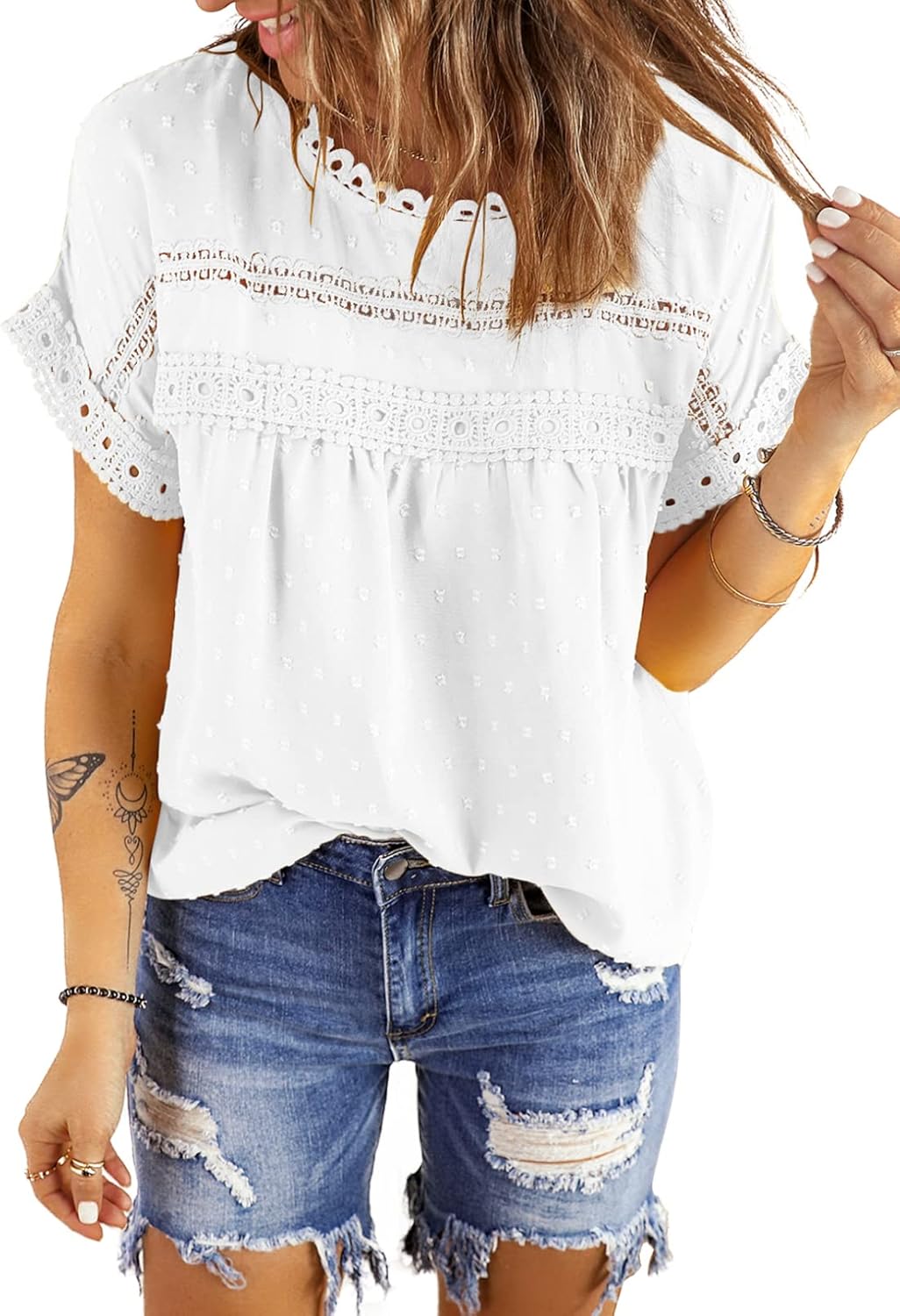 Womens Summer Tops Crewneck Lace Crochet Short Sleeve Shirts Casual Chiffon Blouses