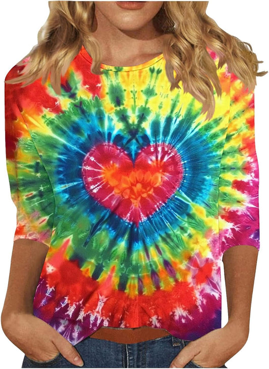 Womens Tops 3/4 Sleeve Loose Fit Tie Dye Hippie Shirts 70s Tshirts Crew Neck Cute Tees 2026 Fall Winter Cute Tees