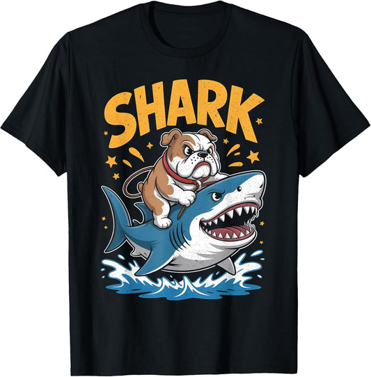 Bulldog Riding Shark Space Galaxy Jawsome Tee