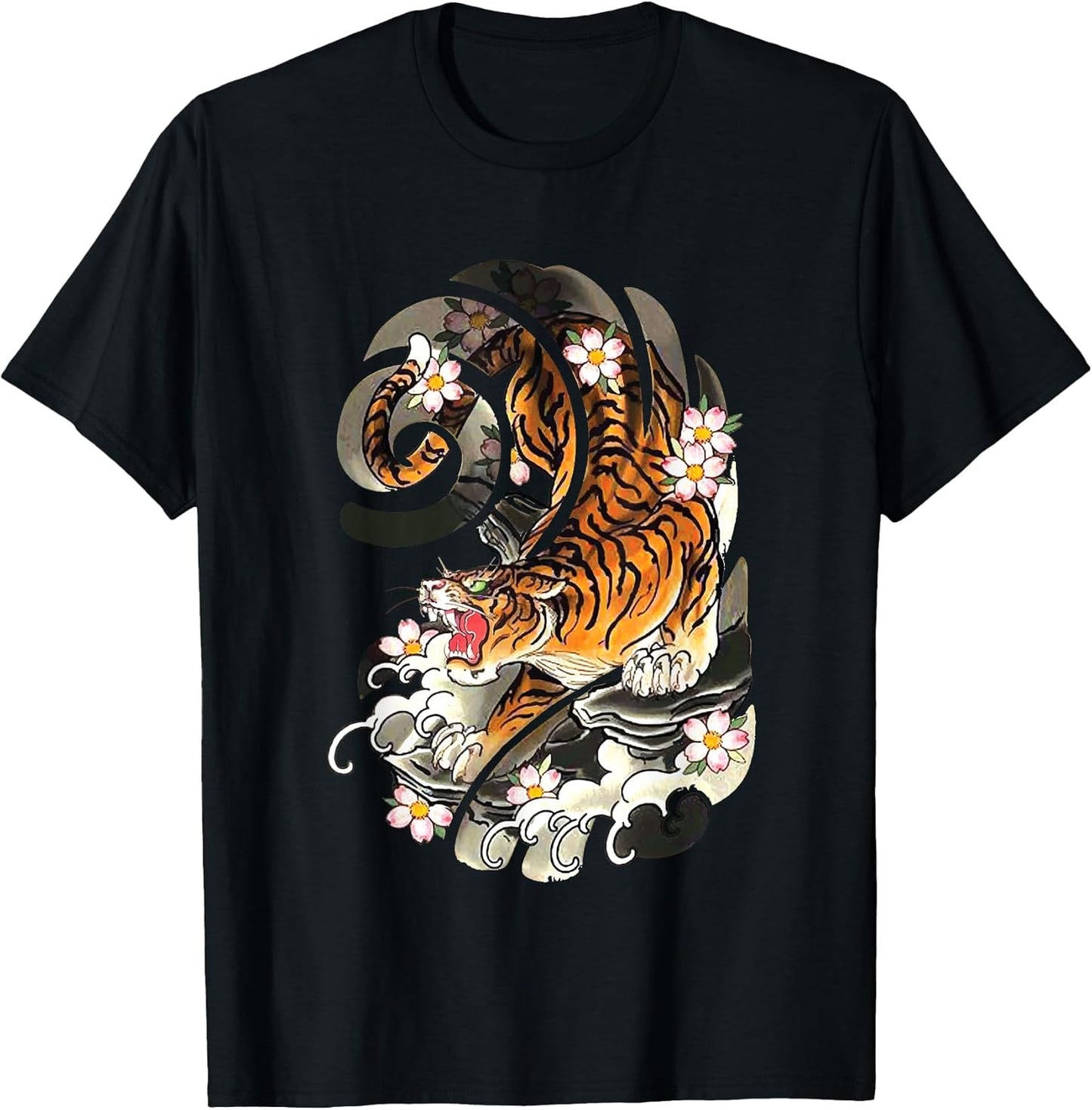Vintage Japanese Tiger Traditional Asian Cherry Blossom Art T-Shirt Small