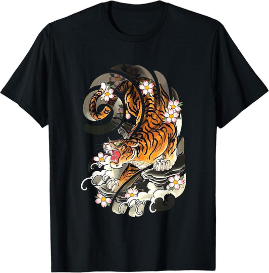 Vintage Japanese Tiger Traditional Asian Cherry Blossom Art T-Shirt Small