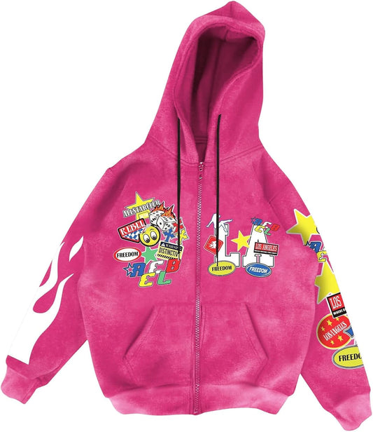 Men's Y2k Graphic Zip Up Hoodies Drawstring Long Sleeve Casual Sweatshirt Jacket with Pockets