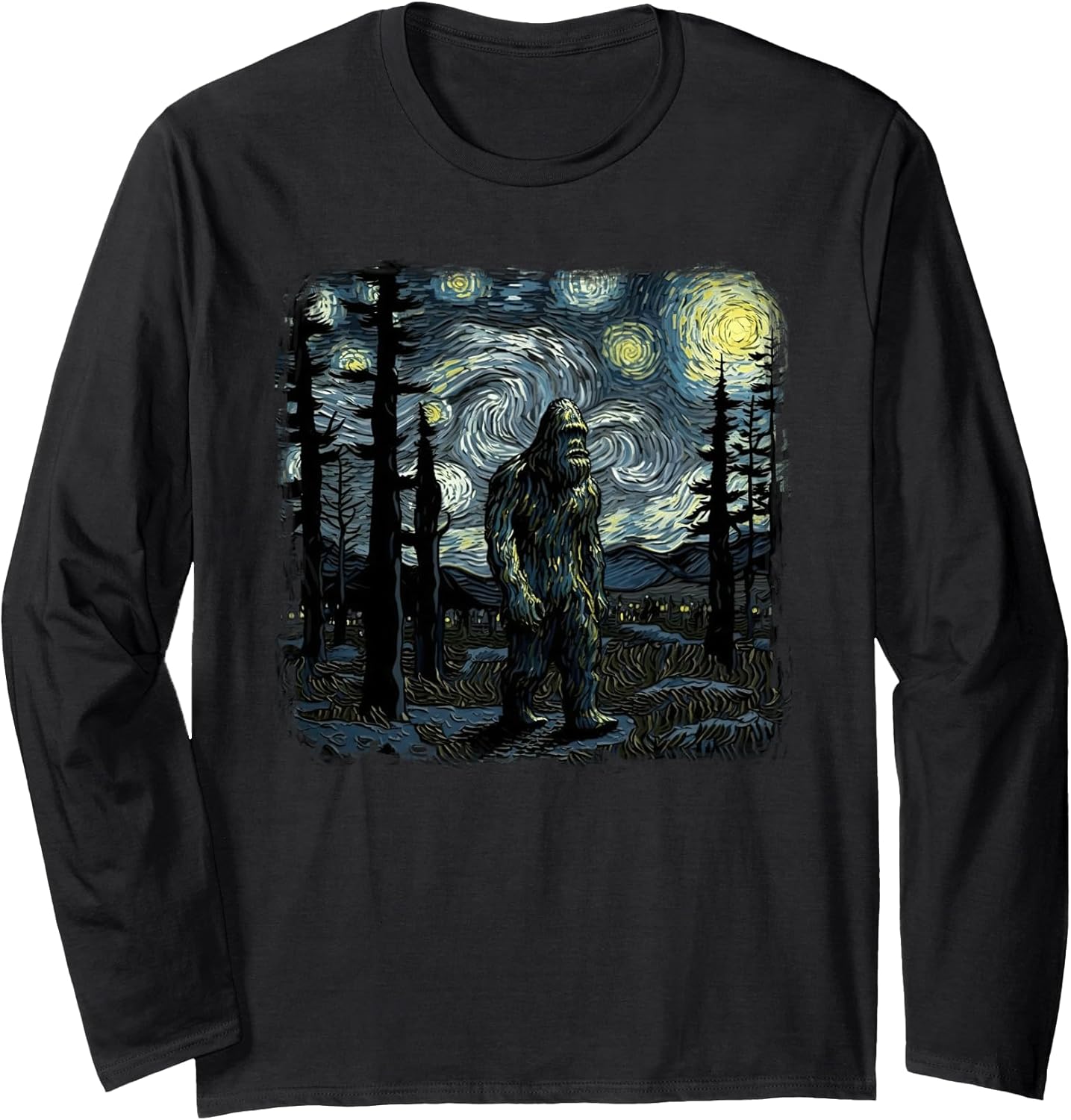 Bigfoot Starry Night Sasquatch Van Gogh Sky Painting Art Long Sleeve T-Shirt