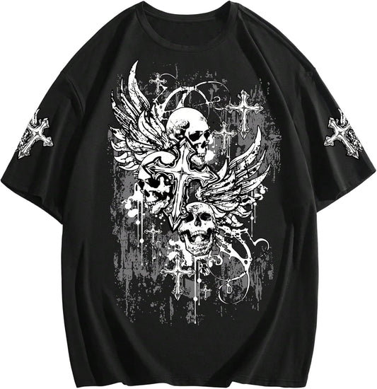 Men's Gothic Graphic Tops Y2K Cross Print Short Sleeve Crewneck Christian Tshirt