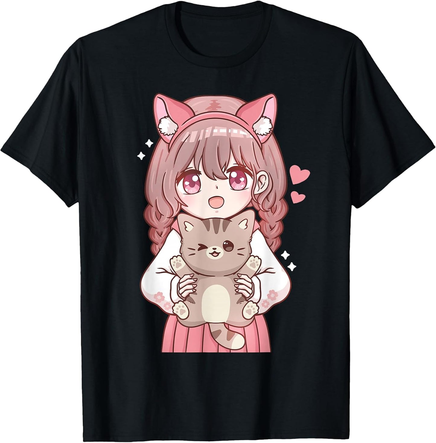 Anime Girl with Cat Kawaii Cat Lover Otaku T-Shirt Small
