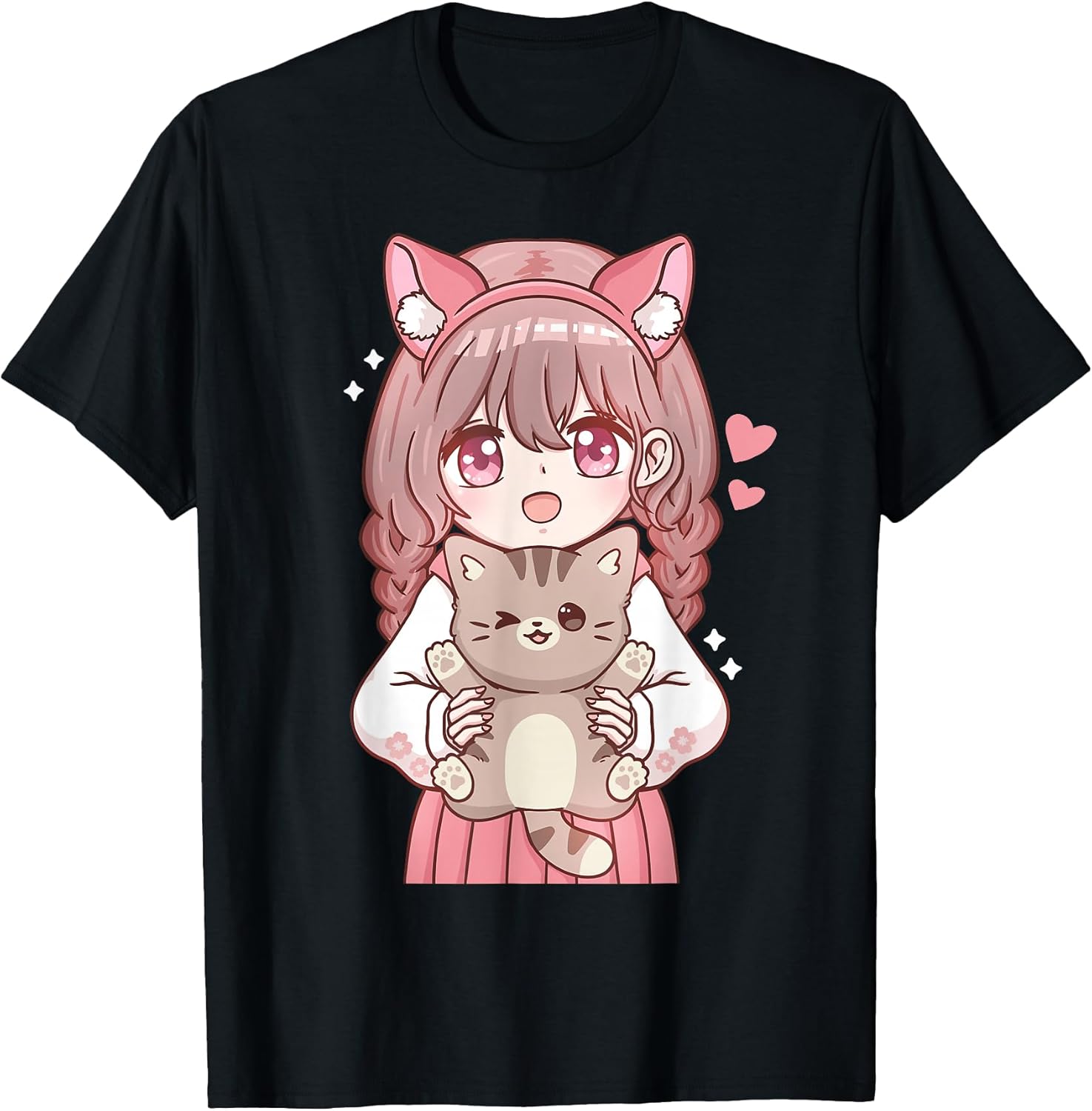 Anime Girl with Cat Kawaii Cat Lover Otaku T-Shirt Small