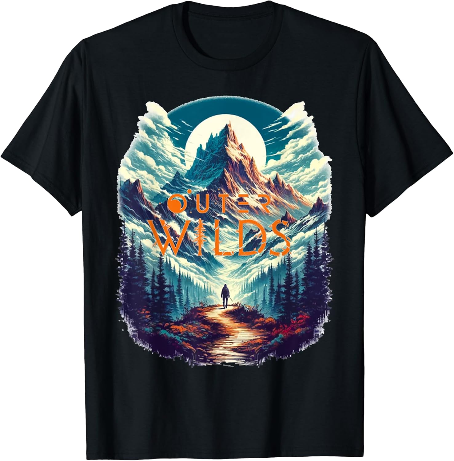 Retro Outer Wilds Text Moon Mountain Forest Tree