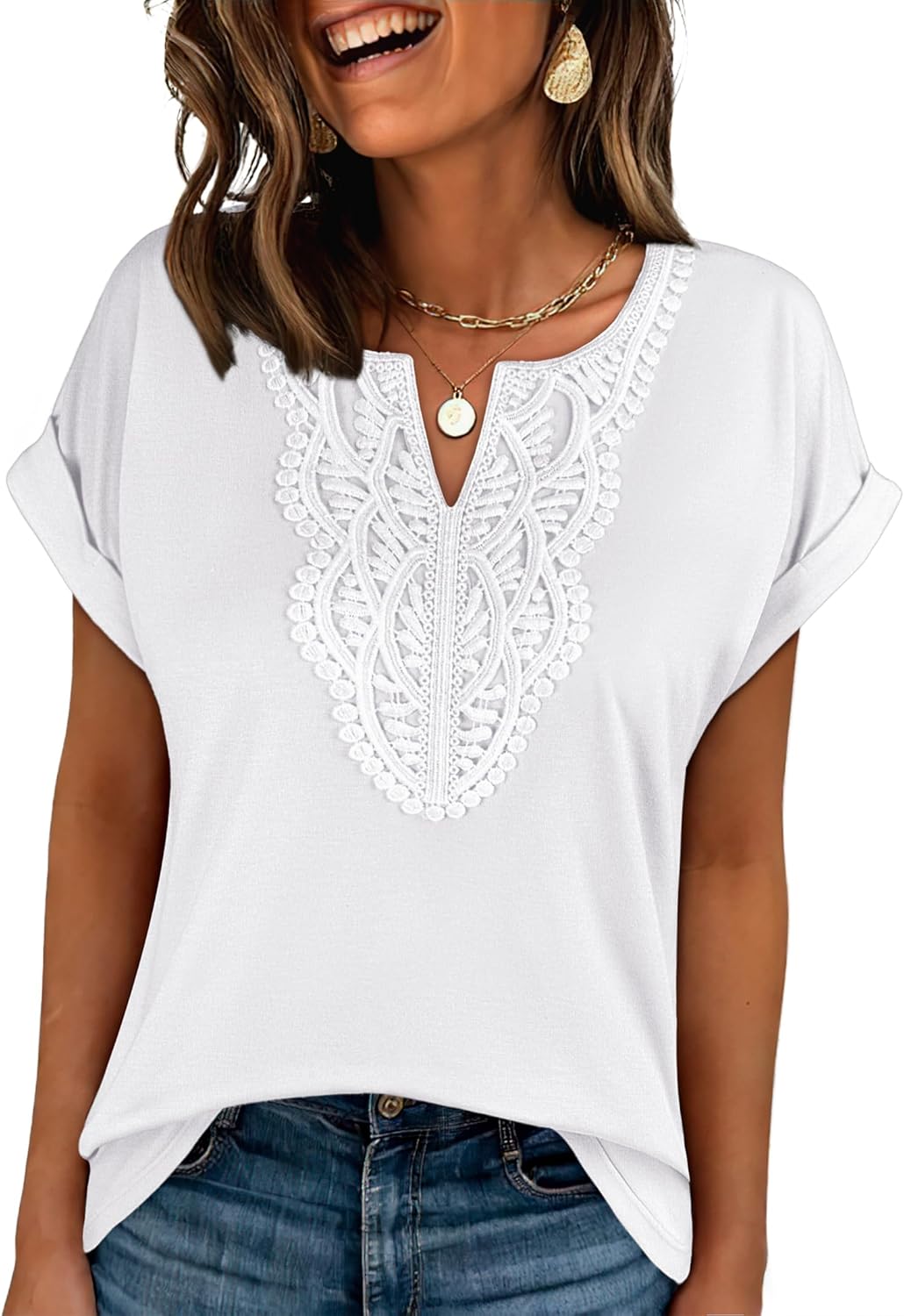 Womens Short Sleeve Tops Boho V Neck Lace Shirts Dressy Casual Blouses Summer Cute Tunic 2026 Trendy Fashion Clothes