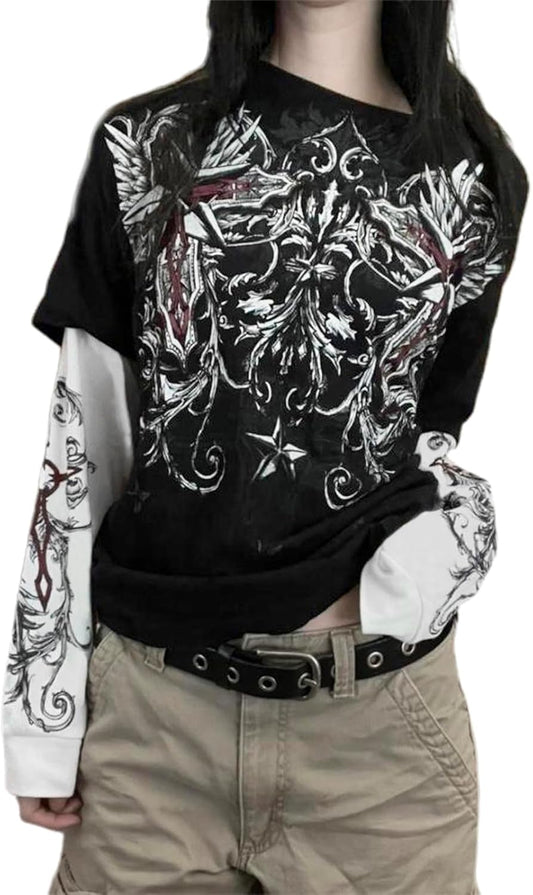 Long Sleeve Grunge T Shirts Y2k Gothic Graphic Print Oversized Tops Women Teen Girls Emo Goth Baggy Tees Streetwear