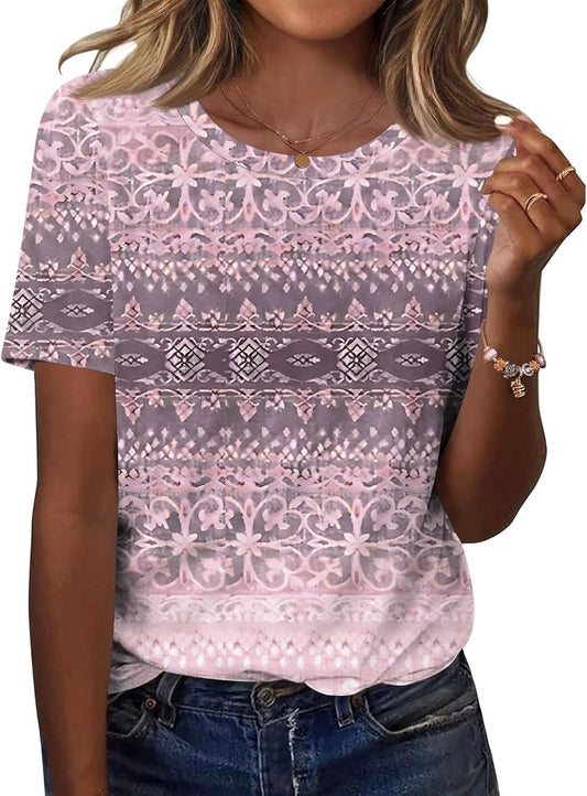Women's Tops Summer Short Sleeve Crew Neck Shirts Dressy Casual Blouses for Women S-3XL