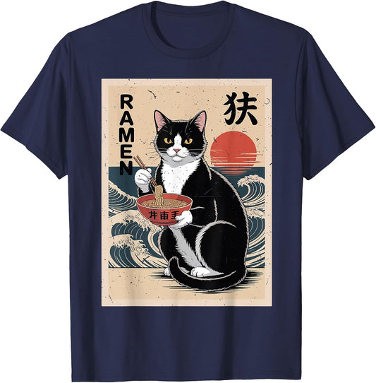 Tuxedo Cat Eating Ramen Kawaii Funny Cat Lover Gift Men Dad T-Shirt
