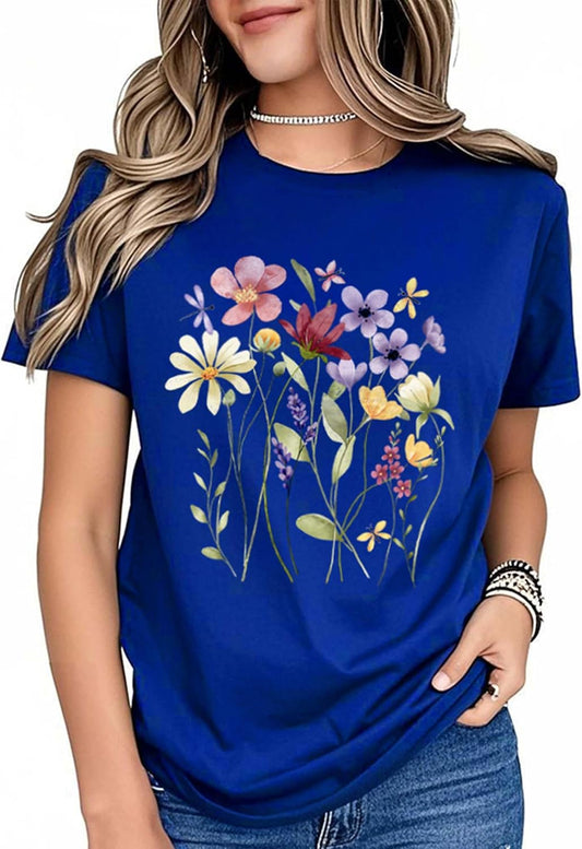 Women Floral Graphic Tee Short Sleeve T Shirts Vintage Wildflower Flowers Printed Summer Tops Tshirt