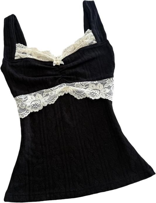 Women Coquette Grunge Tank Tops Vintage Aesthetic Lace Trim Camisole Ribbed Knit Slim Fit Fairy Shirt Clothes