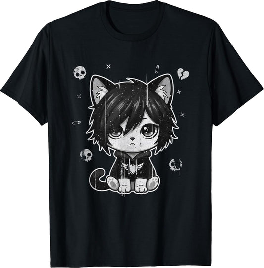 Goth Girl Emo Gothic Cat, Punk Dark Music, Grunge Cute Kitty T-Shirt