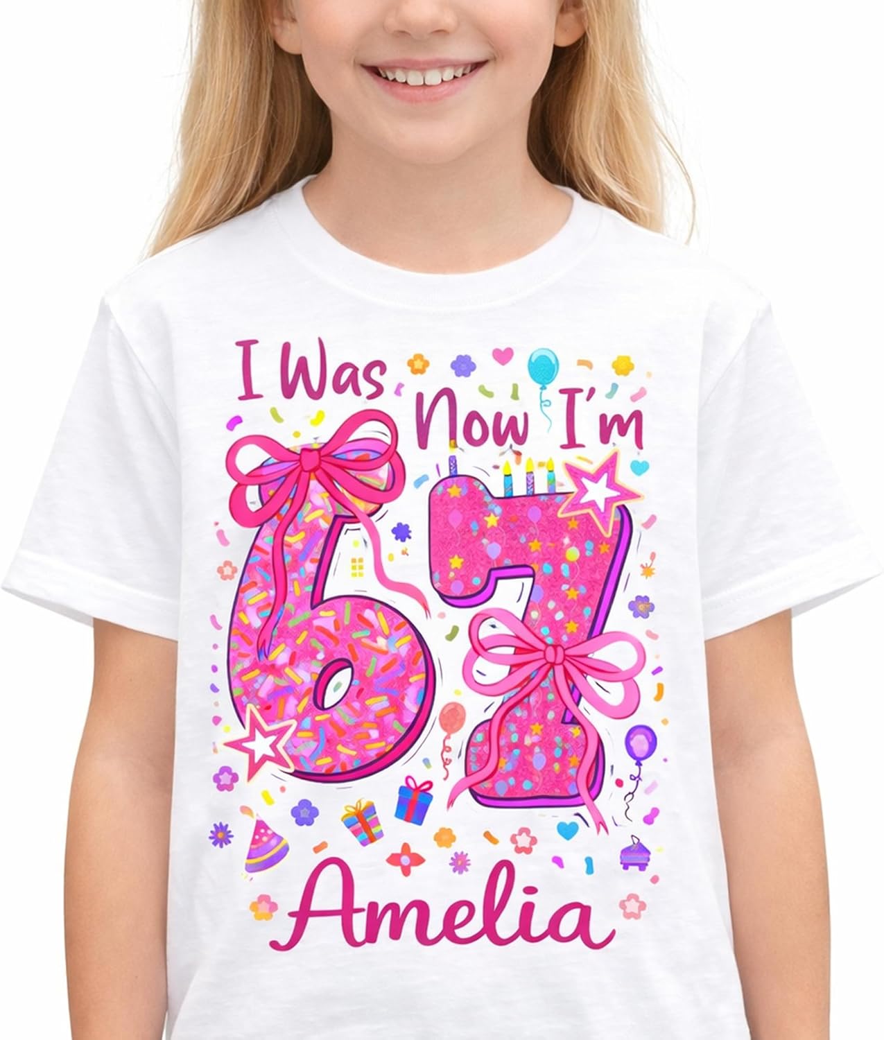 Personalized 7th Birthday Girl Shirt – I was 6 Now I’m 7 Kids Birthday T Shirt with Custom Name, 6 to 7 Birthday Shirt for 7 Year Old Girl Gift