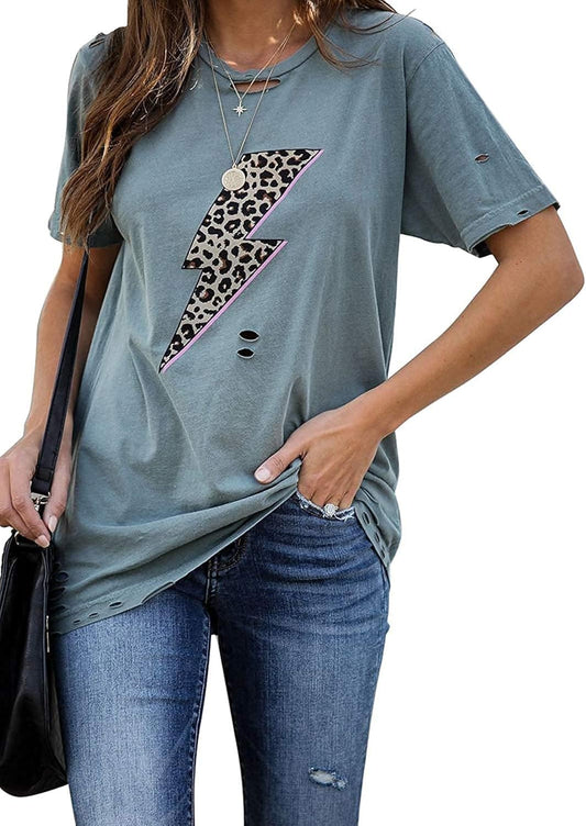 Womens Basic Graphic Tees Casual Summer Short Sleeve Shirt Blouse Lightning Leopard Print Tops Tunic