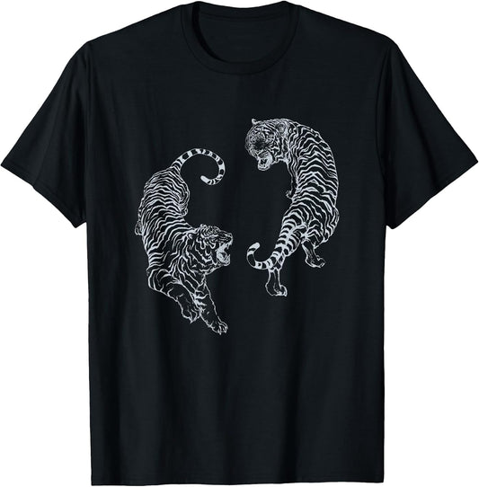 Vintage Tiger Aesthetic Tattoo Art Twin Tigers T-Shirt