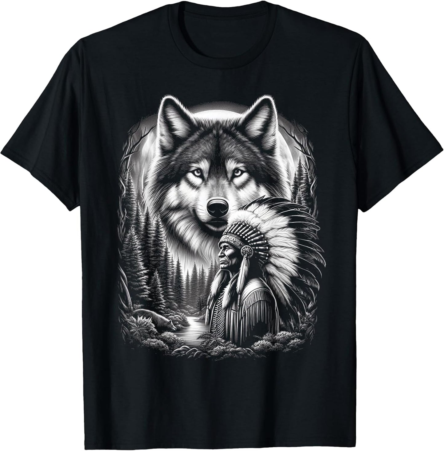 Native American Indian and Wolf Feathers Chief Art T-Shirt