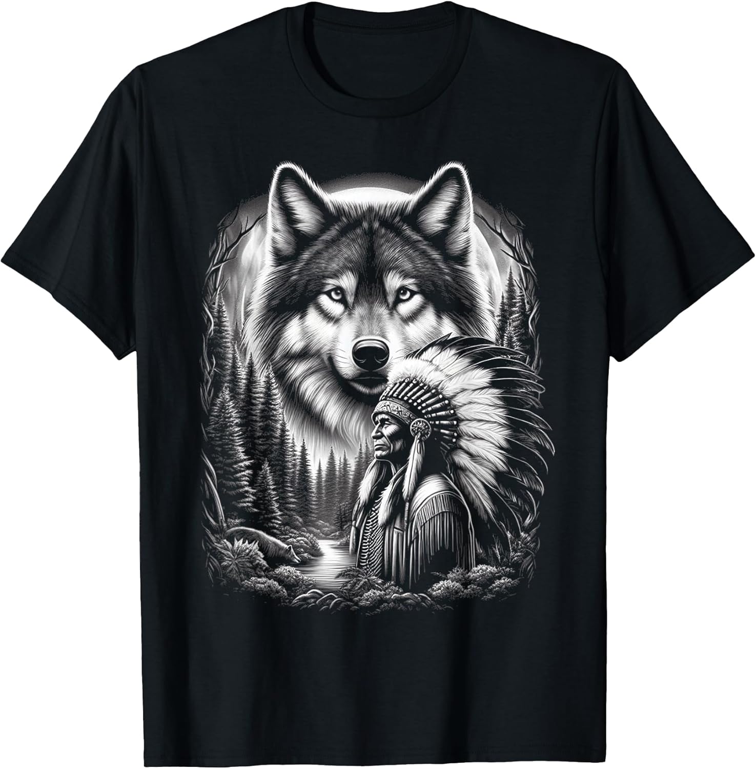 Native American Indian and Wolf Feathers Chief Art T-Shirt
