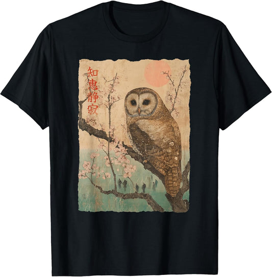 Wise Owl and Cherry Blossoms Tree Japanese Woodblock Art T-Shirt