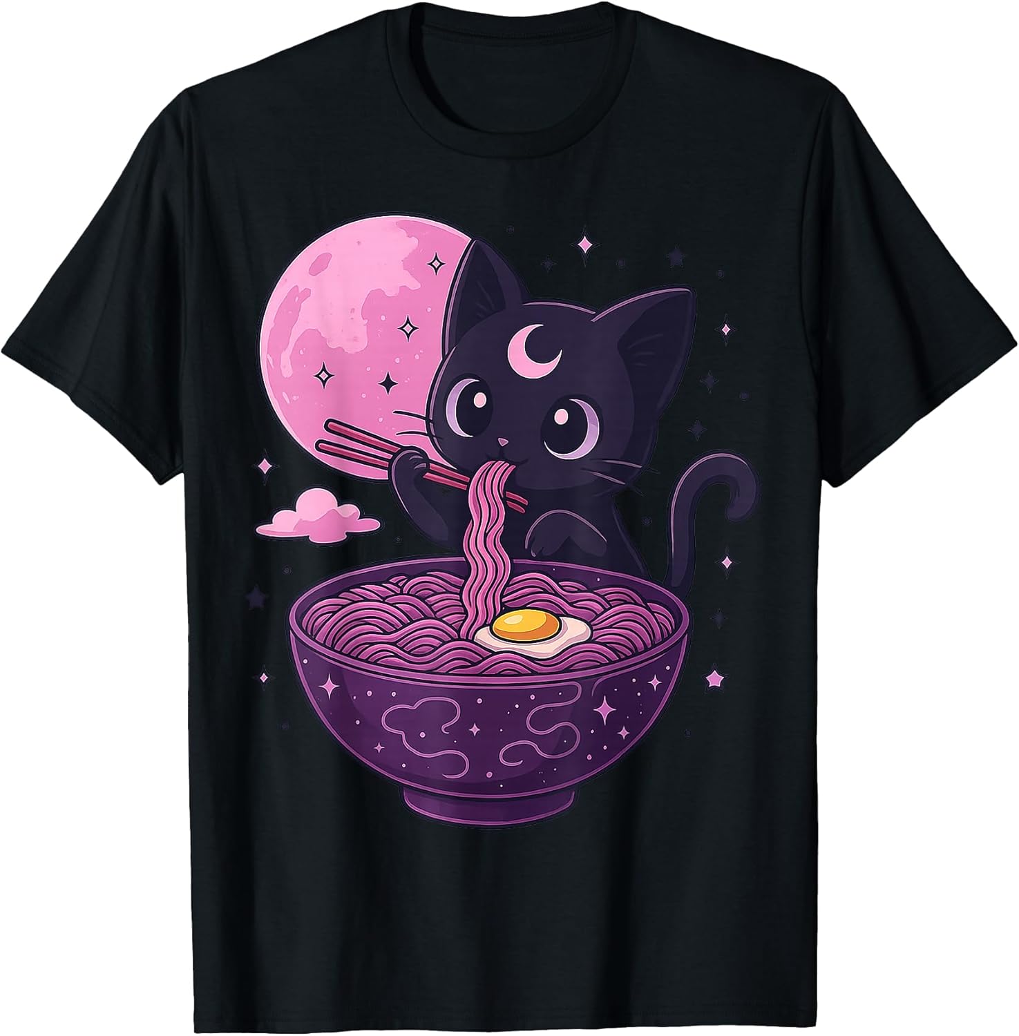 Kawaii Pastel Goth Cat Eating Ramen Under Moon Japanese T-Shirt