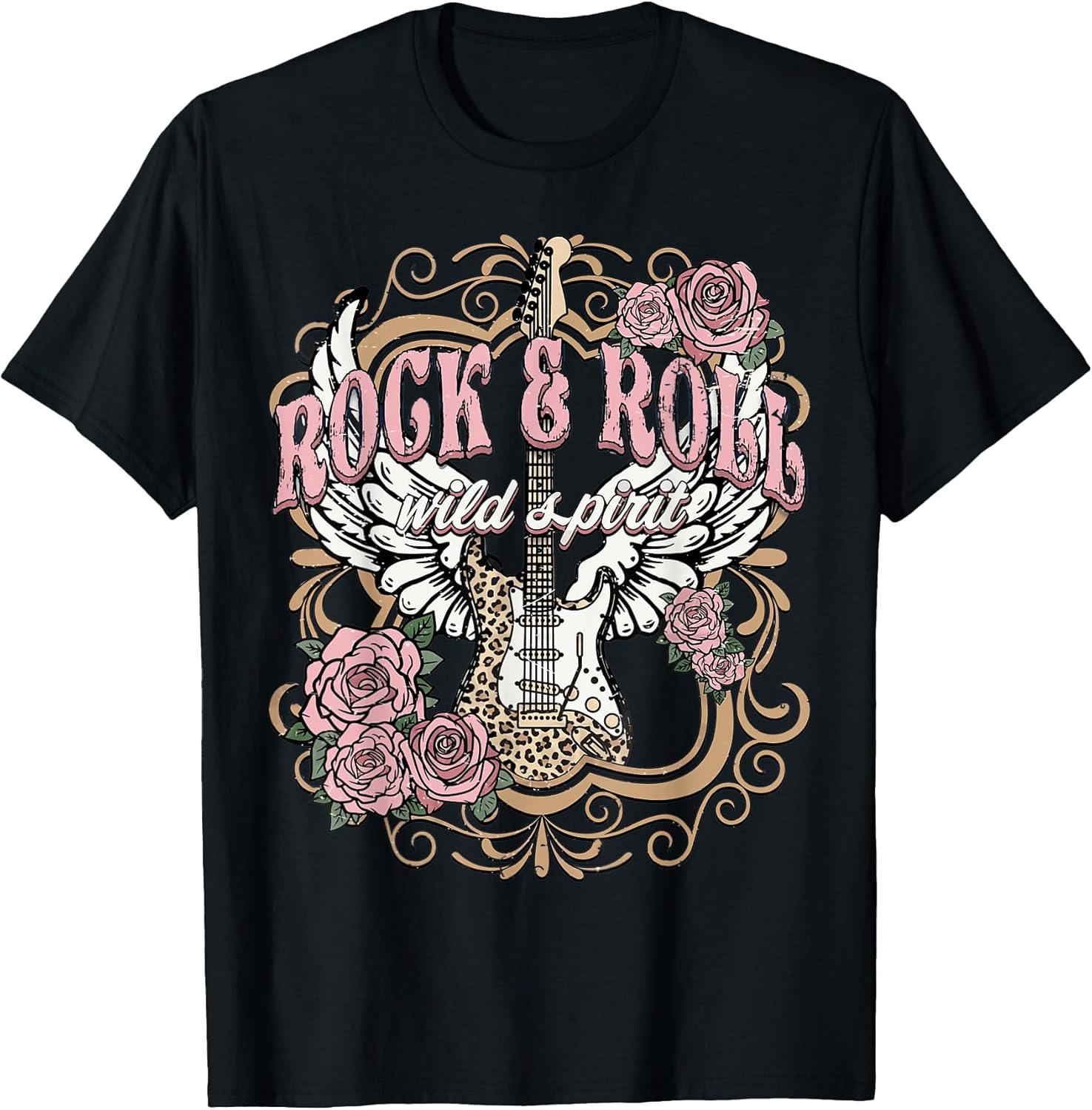 Vintage Rock n Roll Wild Spirit Lets Rock Guitar Floral T-Shirt