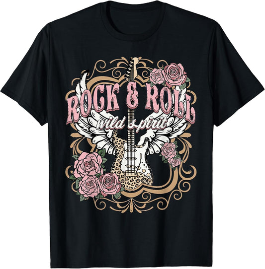 Vintage Rock n Roll Wild Spirit Lets Rock Guitar Floral T-Shirt