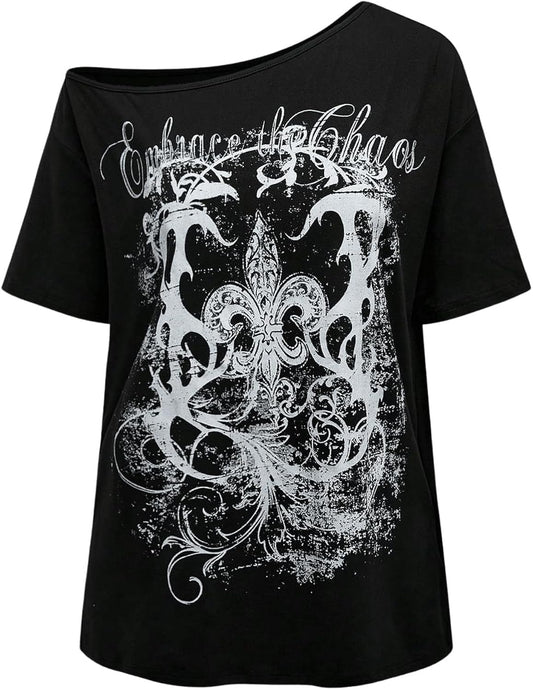 Women's Off The Shoulder Tops Graphic Tees Y2k Vintage Gothic Oversized T Shirts Streetwear