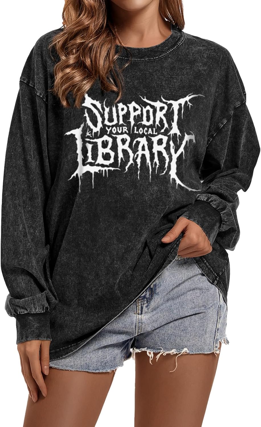 Women Goth Support Your Local Library Shirt Streetwear Gothic Shirts Vintage Graphic Acid Wash Long Sleeve Tees