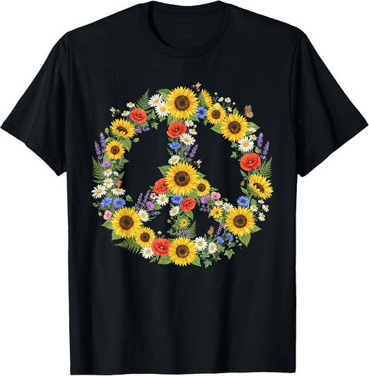 Hippie Peace Sign 60s 70s Retro Groovy Flowers Floral T-Shirt