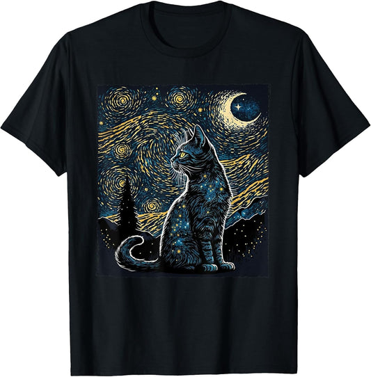 Starry Night Cat Van Gogh Cat Lover Gifts Cat Mom, Cat Dad T-Shirt