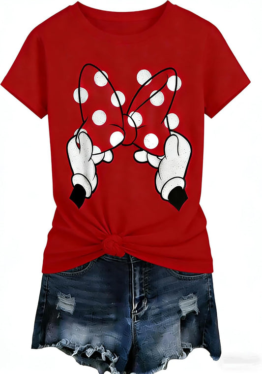 Women's Retro Polka Dot Bow & Gloves Graphic Tee Vintage Cartoon Print T-Shirt for Theme Park Vacation Top