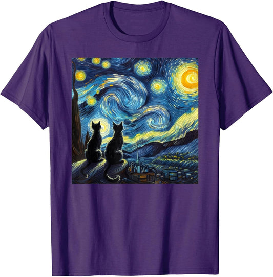 Black Cats Lover Starry Night Van Gogh T-Shirt