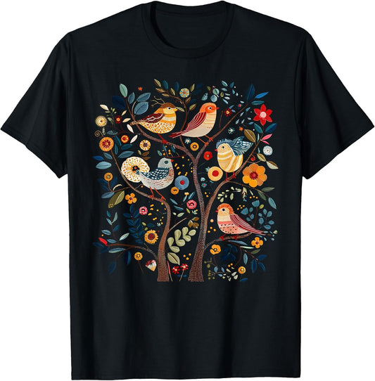 Cottagecore Scandinavian Folk Art Bird Flowers Folk Nature T-Shirt