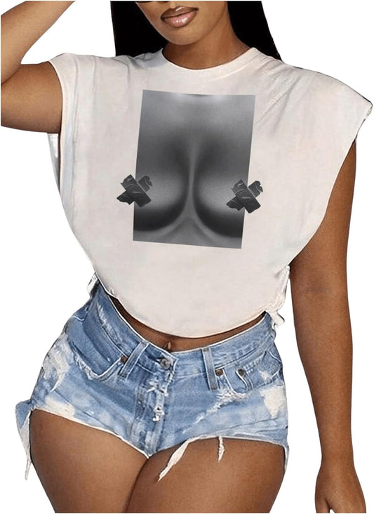 Women's Graphic Tees Y2k Sexy Crop Top Casual Sleeveless Loose Fit Pullover Goth T Shirt