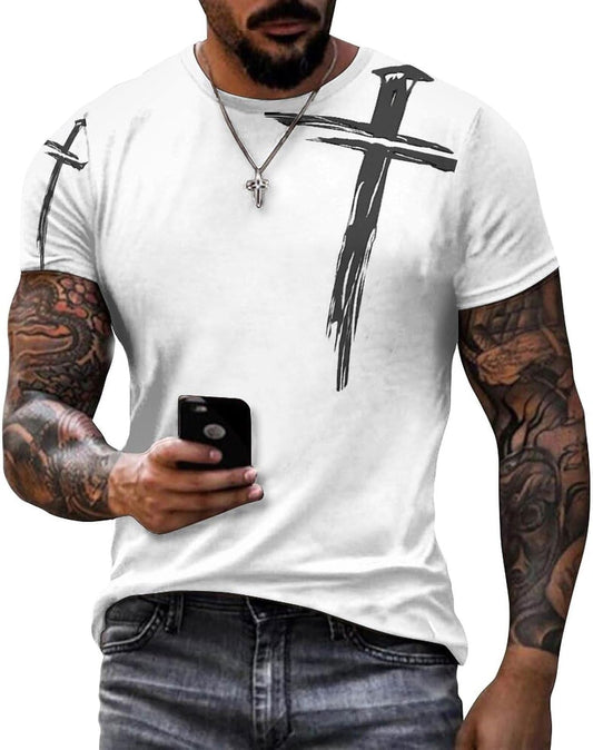 Mens T-Shirts Jesus Cross Faith Vintage Oil Painting Casual T-Shirts Summer Short Sleeve Crew Neck Christian Tops