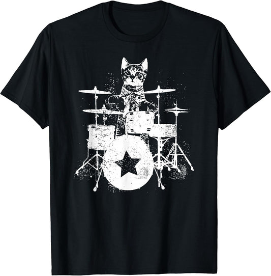 Punk Rockstar Kitten Kitty Cat Drummer Playing Drums Graphic T-Shirt Small