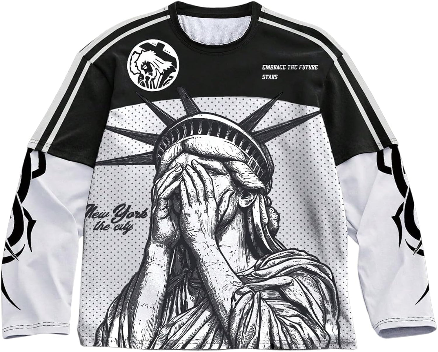 Men's Number Graphic Long Sleeve Jersey Shirts Oversized Y2K Round Neck 2 in 1 T-Shirts Streetwear Top