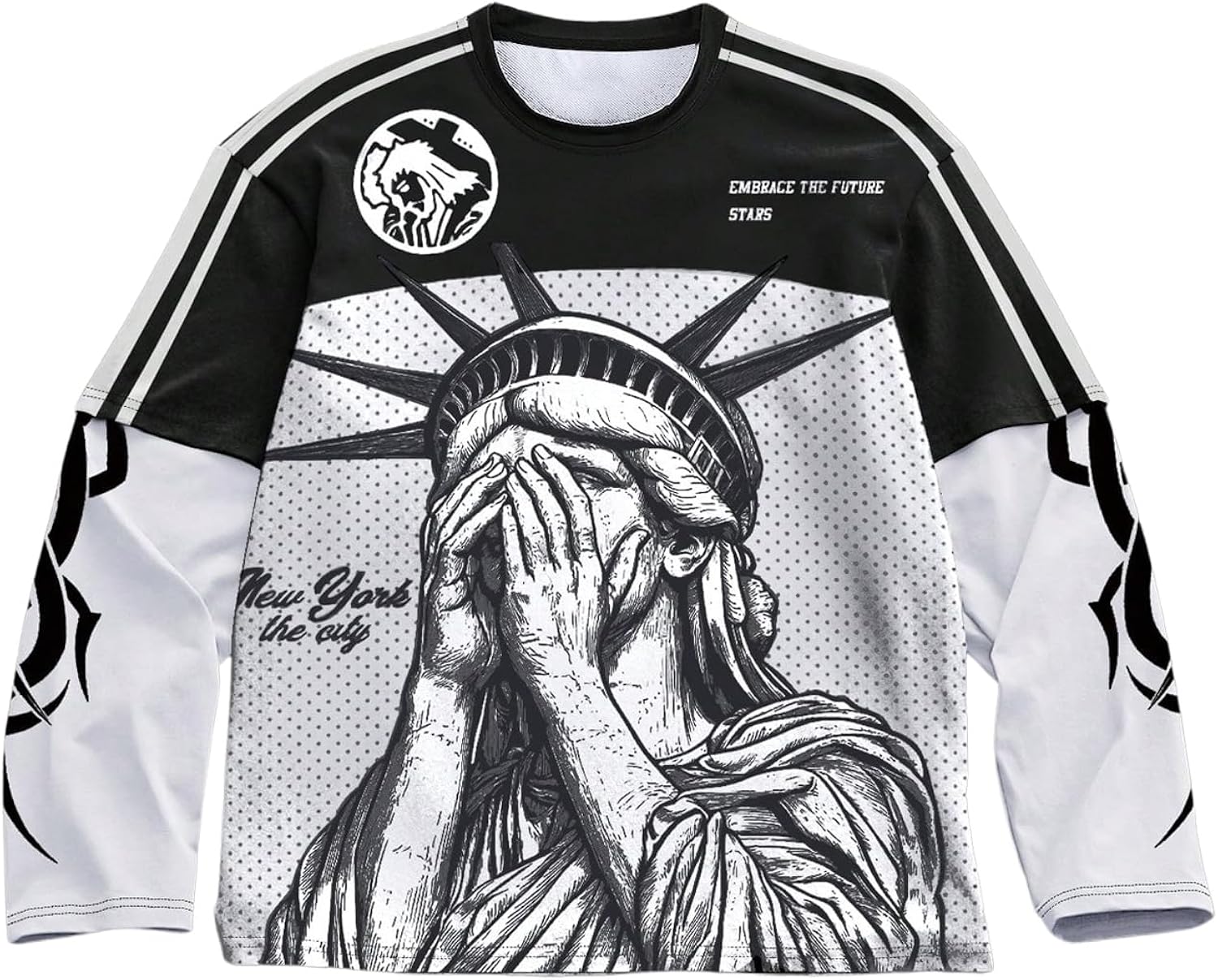 Men's Number Graphic Long Sleeve Jersey Shirts Oversized Y2K Round Neck 2 in 1 T-Shirts Streetwear Top