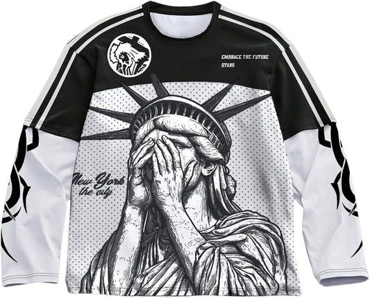 Men's Number Graphic Long Sleeve Jersey Shirts Oversized Y2K Round Neck 2 in 1 T-Shirts Streetwear Top