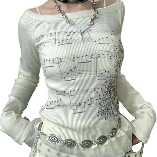 Women Y2K Gothic Graphic Print Long Sleeve Tops Grunge Crew Neck Vintage Shirts Teen Girls Aesthetic Tee Fall