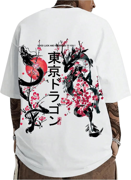 Men's Japanese Letter Graphic Tee Top Oversized Short Sleeve Casual Aesthetic Print T-Shirt