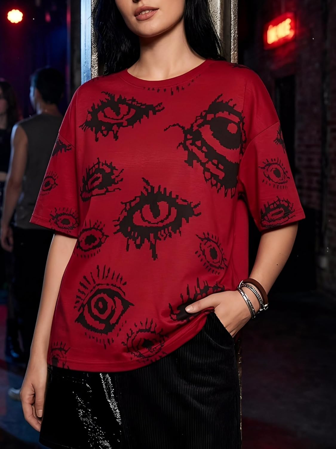 Unisex Gothic All-Over Eye Print Oversized T-Shirt - Y2K Punk Pixelated Graphic Tee for Men & Women