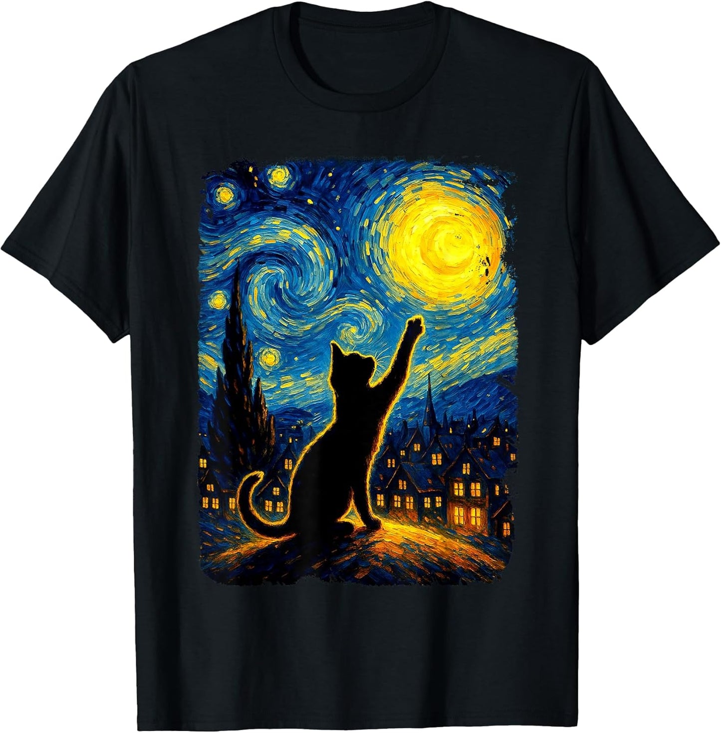 Funny Starry Night Cat Lover Graphic Tees
